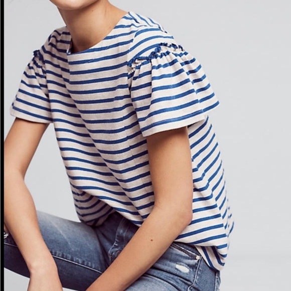 ANTHROPOLOGIE Lili's Closet Blue Striped Ruffle Flare Sleeve Navy Grey Top S - Picture 2 of 10